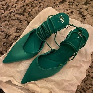 ZARA Lace Up Fabric Green Heels NEW 6.5